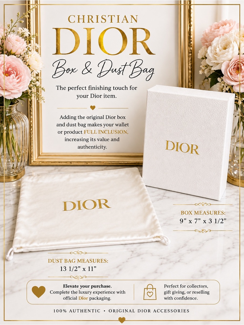 Dior White Dust Bag and Box with Gold Logo